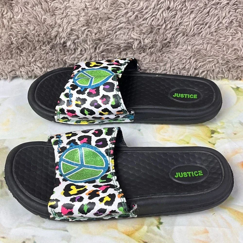 Justice Slides Shoe Size 3-4 Girls Kids Peace Sign Glitter Colorful Animal Print